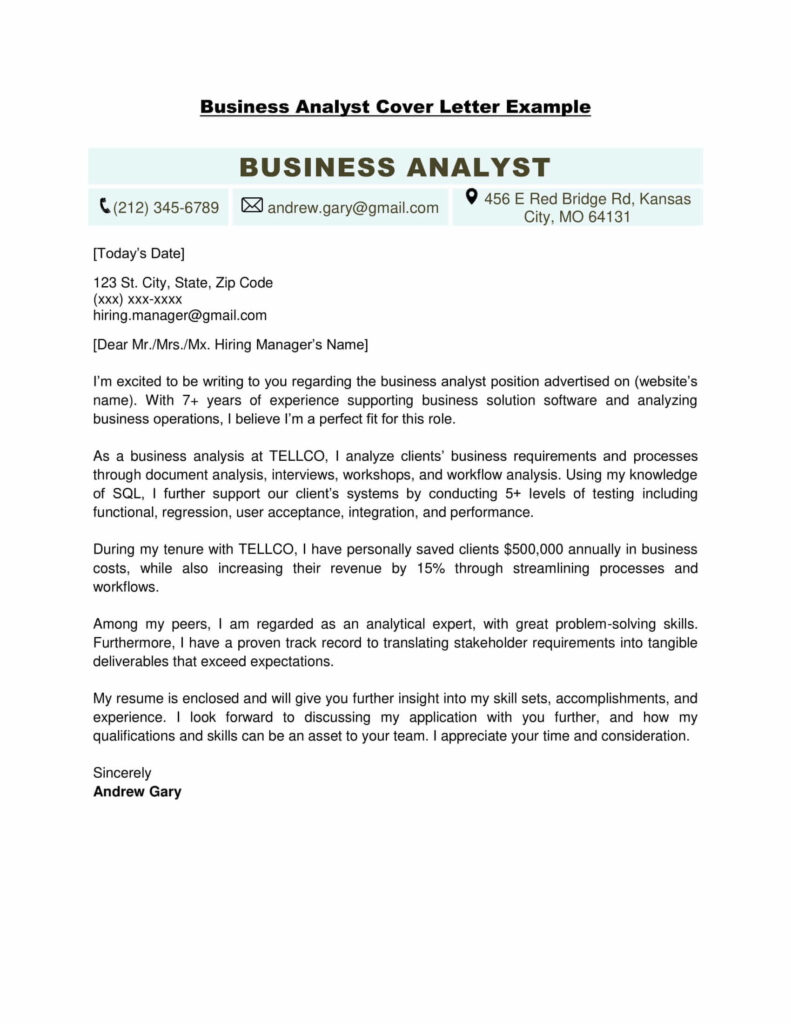 Business Analyst Cover Letter Example