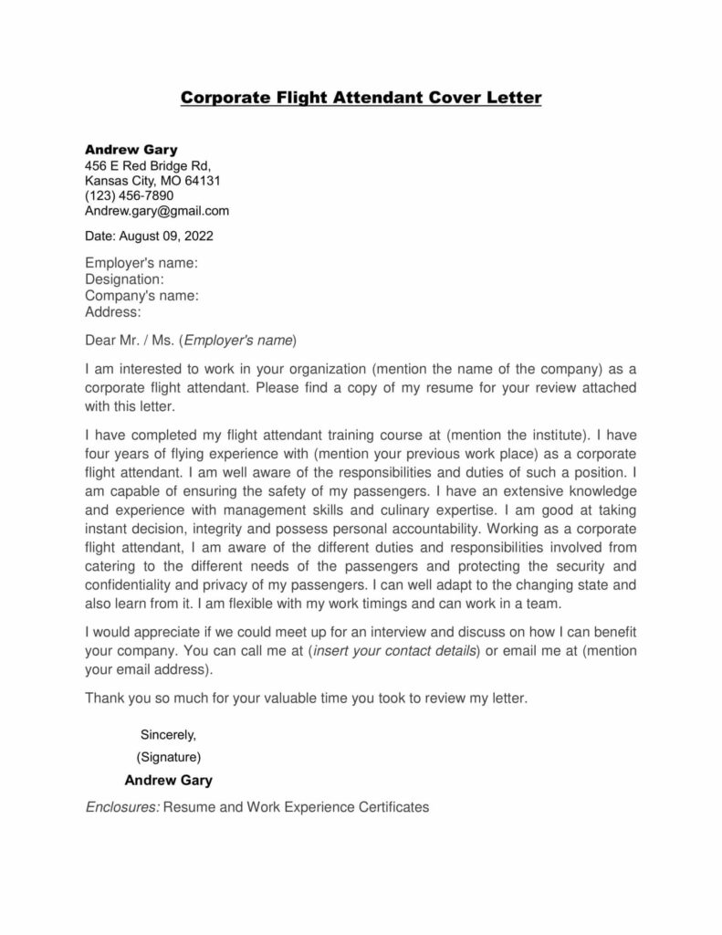 Corporate Flight Attendant Cover Letter