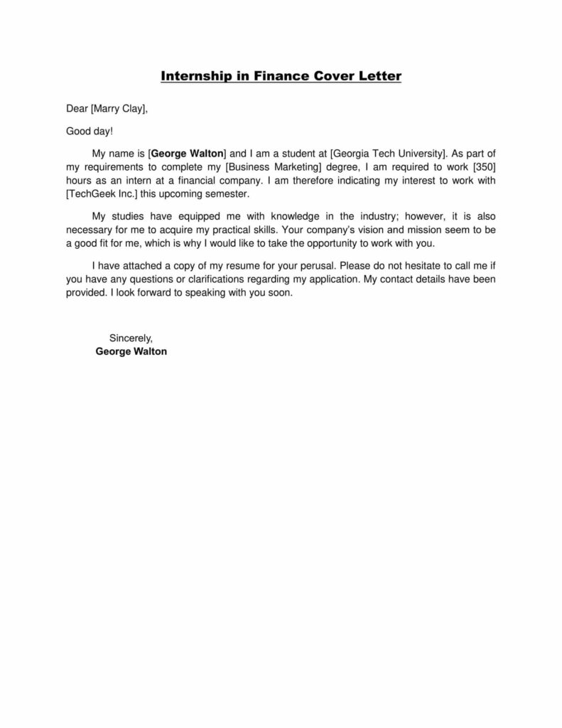 Cover Letter for Internship In Finance