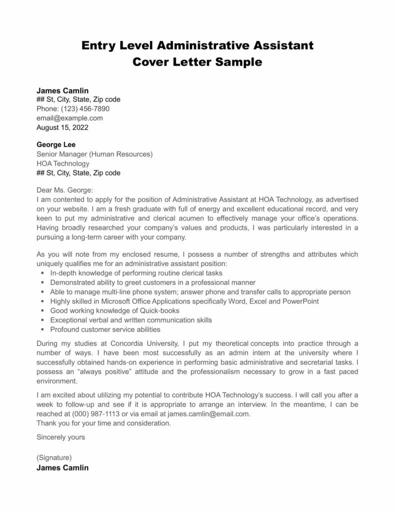 Entry Level Administrative Assistant Cover Letter Sample