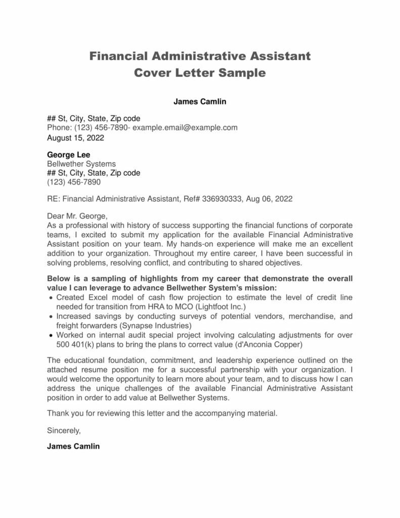 Financial Administrative Assistant Cover Letter Sample