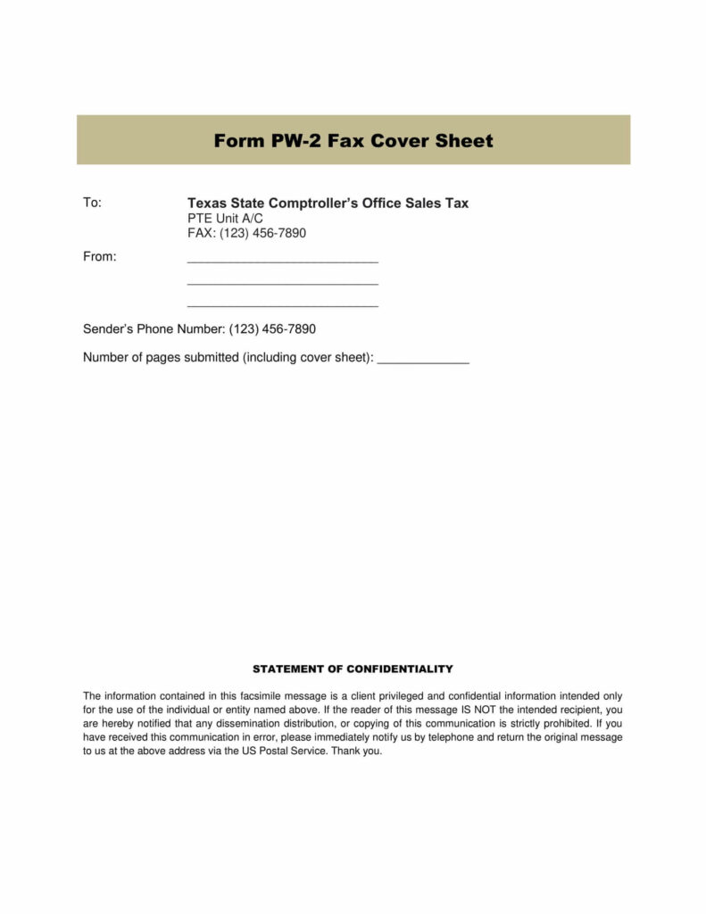 Form PW-2 Fax Cover Sheet