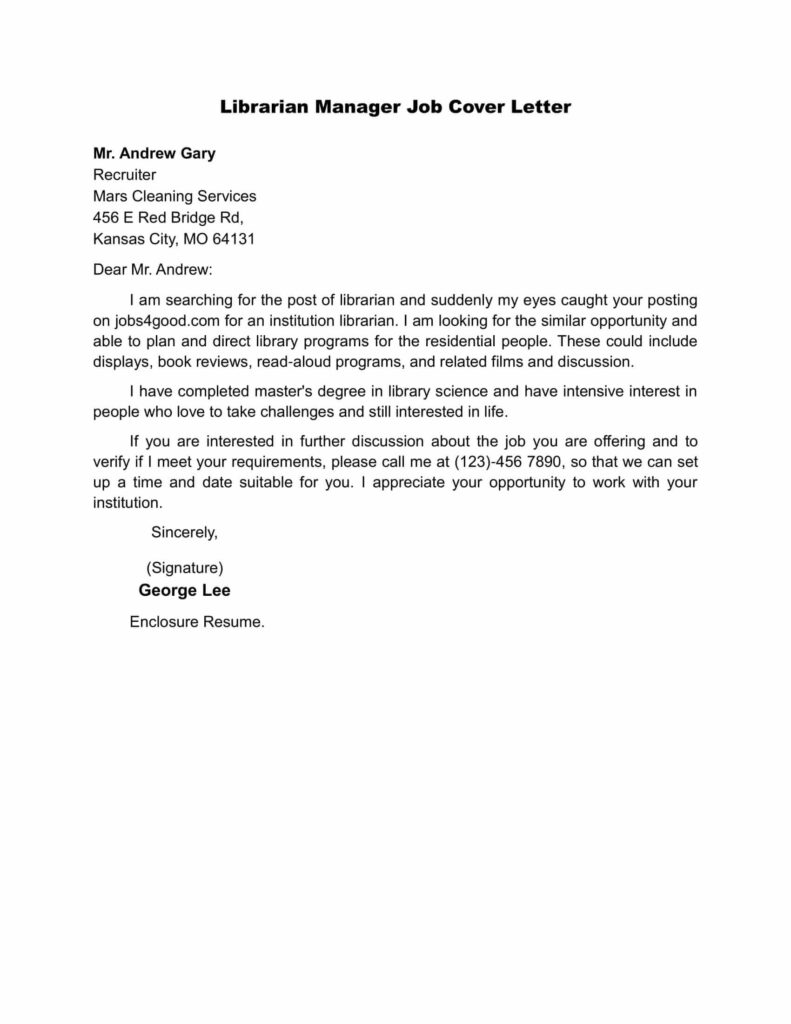 Librarian Manager Job Cover Letter