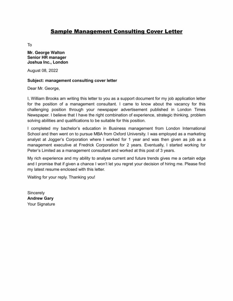 Sample Management Consulting Cover Letter