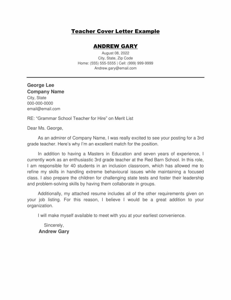 Teacher Cover Letter Examples